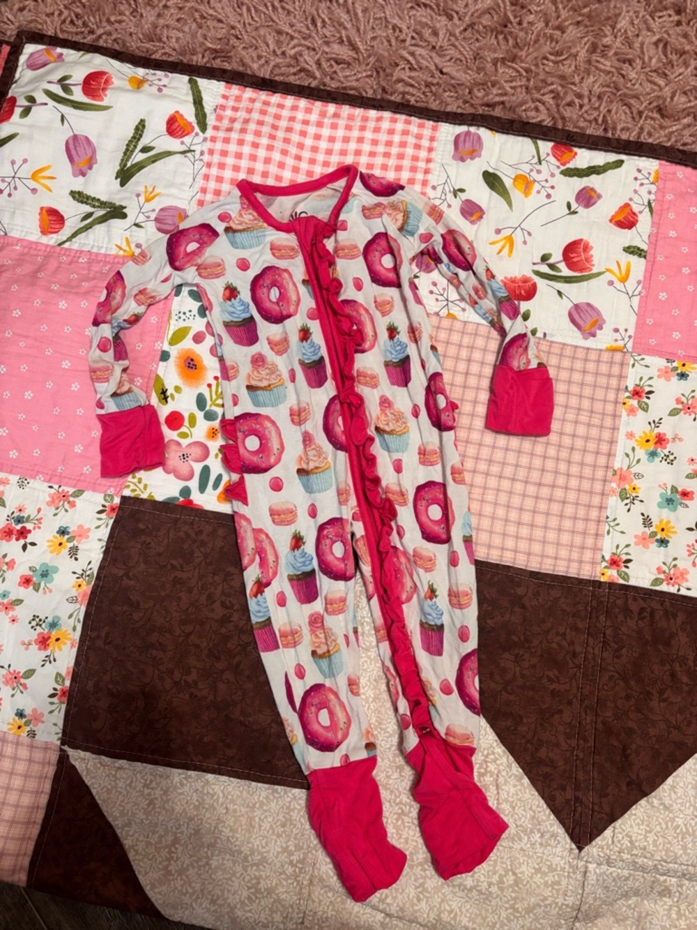 Pink Donut & Cupcake Print Girls' Footed One-Piece Bamboo suit